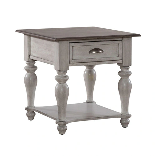 Table d'appoint avec tiroir en pin vieilli blanc antique et étagère inférieure