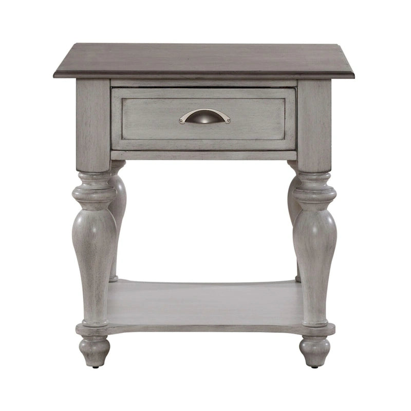 Table d'appoint avec tiroir en pin vieilli blanc antique et étagère inférieure