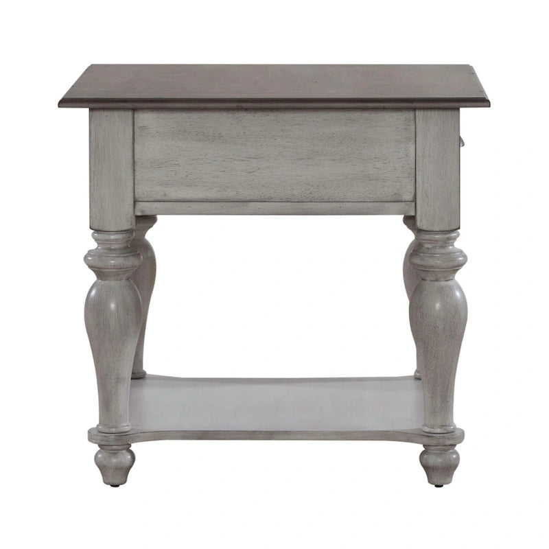 Table d'appoint avec tiroir en pin vieilli blanc antique et étagère inférieure