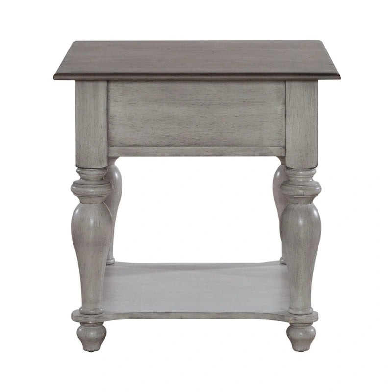 Table d'appoint avec tiroir en pin vieilli blanc antique et étagère inférieure