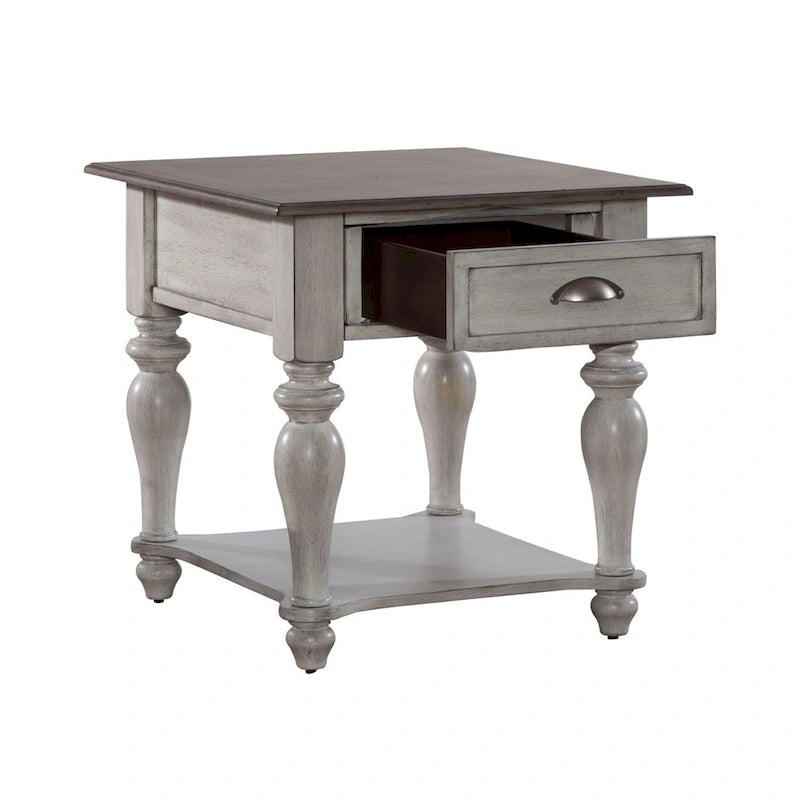 Table d'appoint avec tiroir en pin vieilli blanc antique et étagère inférieure