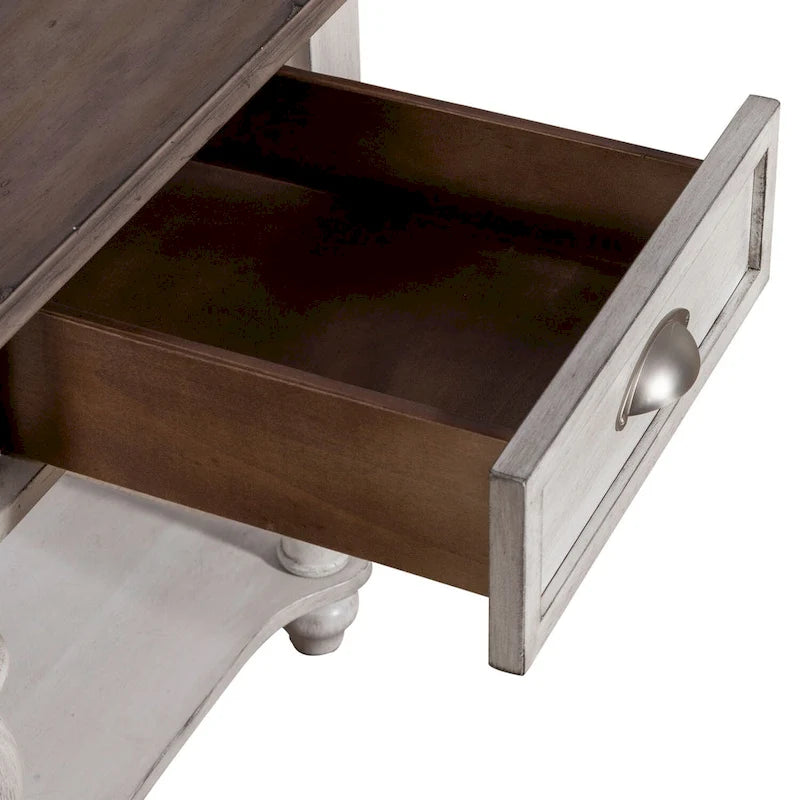 Table d'appoint avec tiroir en pin vieilli blanc antique et étagère inférieure