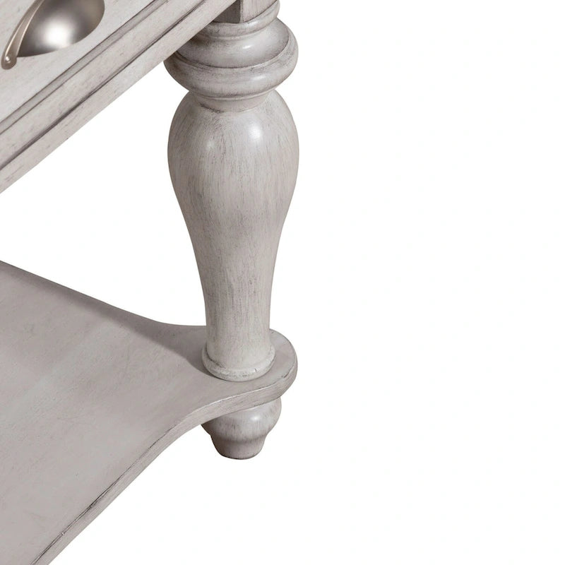 Table d'appoint avec tiroir en pin vieilli blanc antique et étagère inférieure