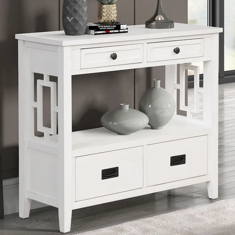 Console rustique en pin avec 4 tiroirs et étagère ouverte, blanc antique