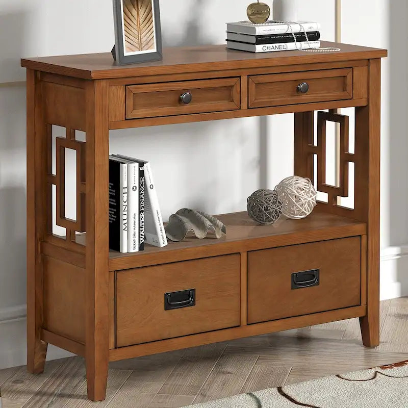 Console rustique en pin avec 4 tiroirs et étagère ouverte, blanc antique