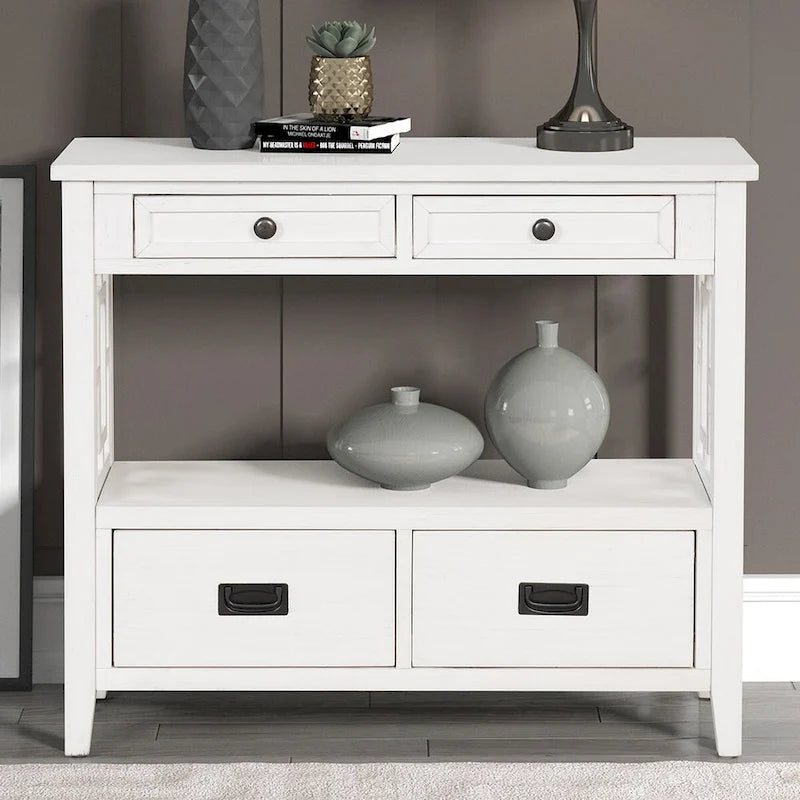 Console rustique en pin avec 4 tiroirs et étagère ouverte, blanc antique