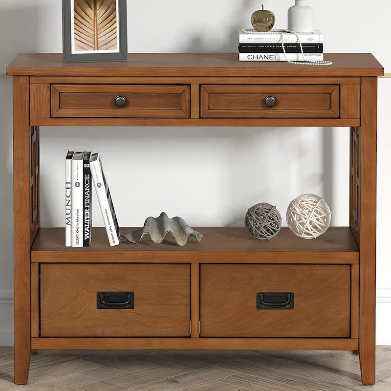 Console rustique en pin avec 4 tiroirs et étagère ouverte, blanc antique