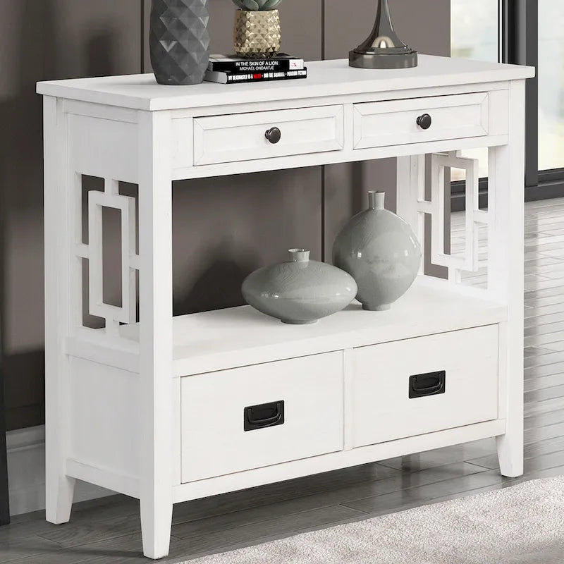 Console rustique en pin avec 4 tiroirs et étagère ouverte, blanc antique