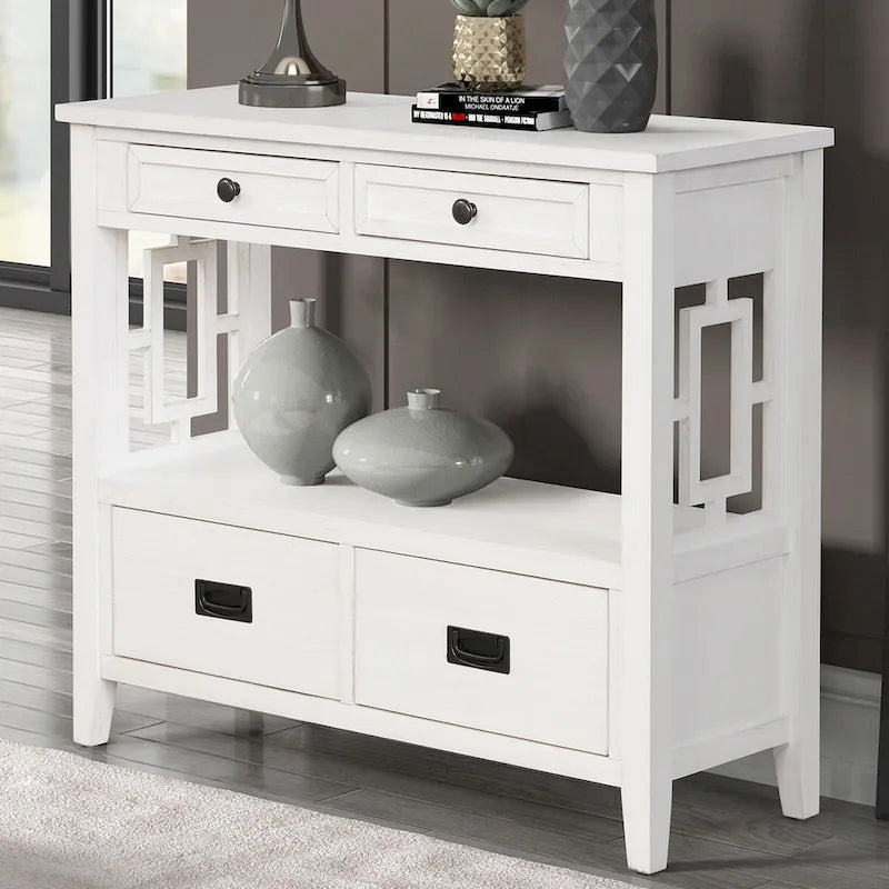 Console rustique en pin avec 4 tiroirs et étagère ouverte, blanc antique