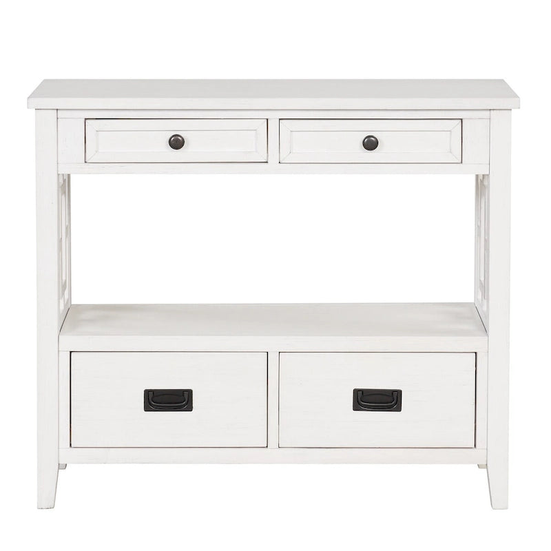 Console rustique en pin avec 4 tiroirs et étagère ouverte, blanc antique