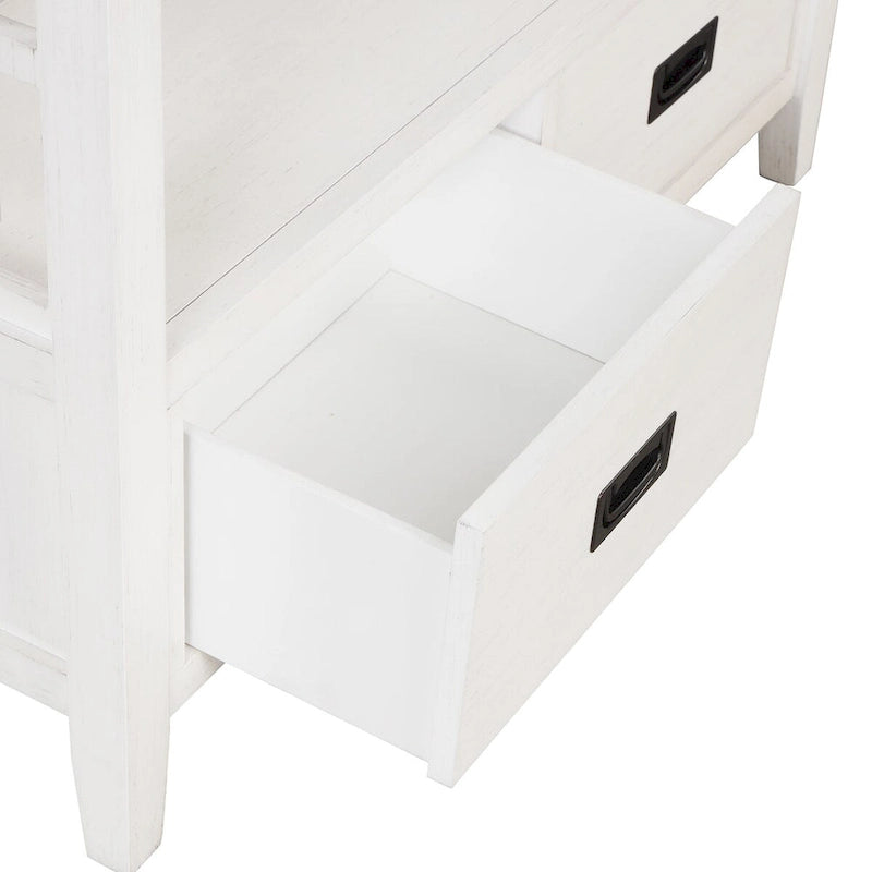 Console rustique en pin avec 4 tiroirs et étagère ouverte, blanc antique