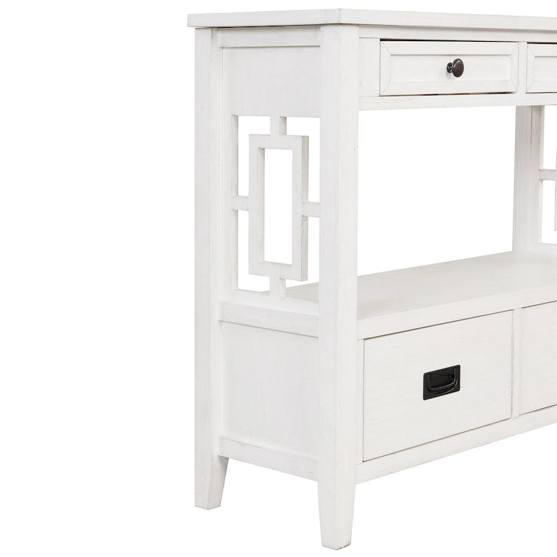 Console rustique en pin avec 4 tiroirs et étagère ouverte, blanc antique
