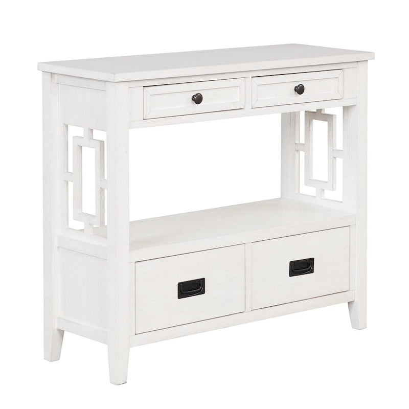 Console rustique en pin avec 4 tiroirs et étagère ouverte, blanc antique
