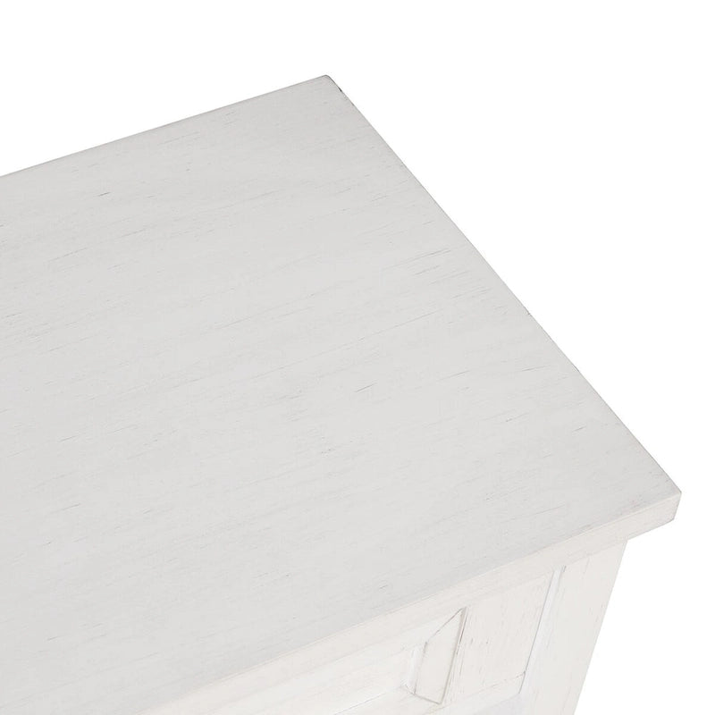 Console rustique en pin avec 4 tiroirs et étagère ouverte, blanc antique