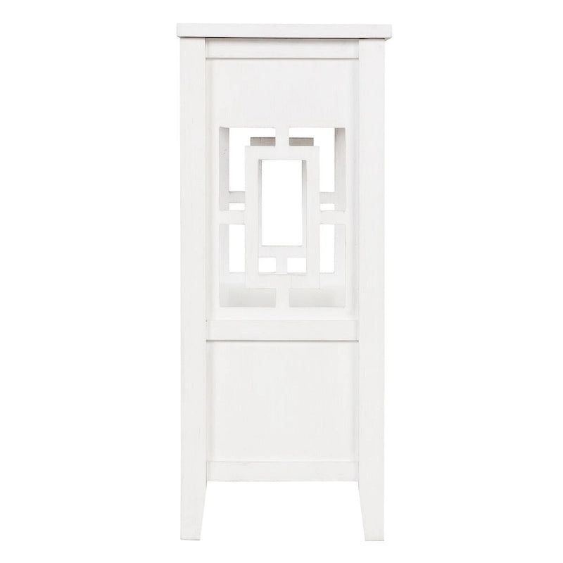 Console rustique en pin avec 4 tiroirs et étagère ouverte, blanc antique