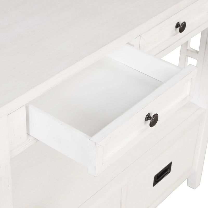 Console rustique en pin avec 4 tiroirs et étagère ouverte, blanc antique