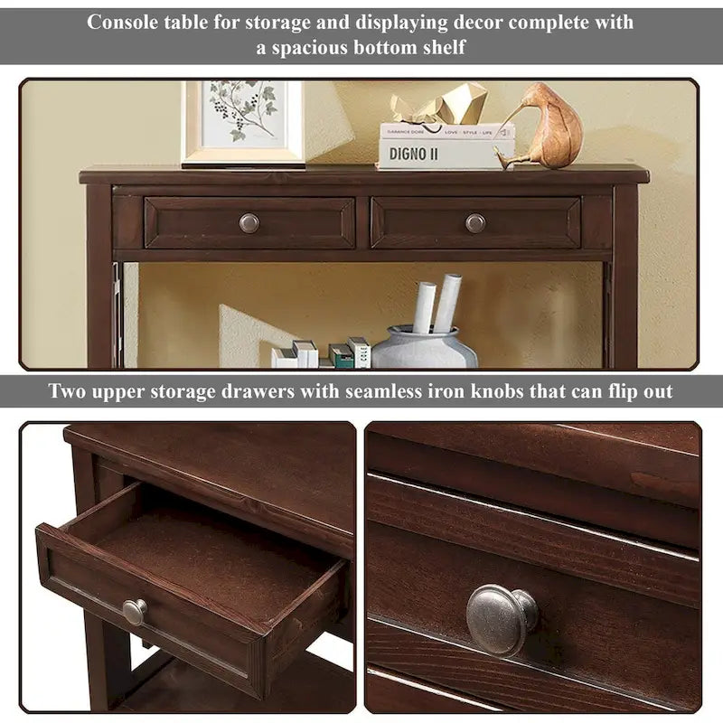Console rustique en pin avec 4 tiroirs et étagère ouverte, blanc antique