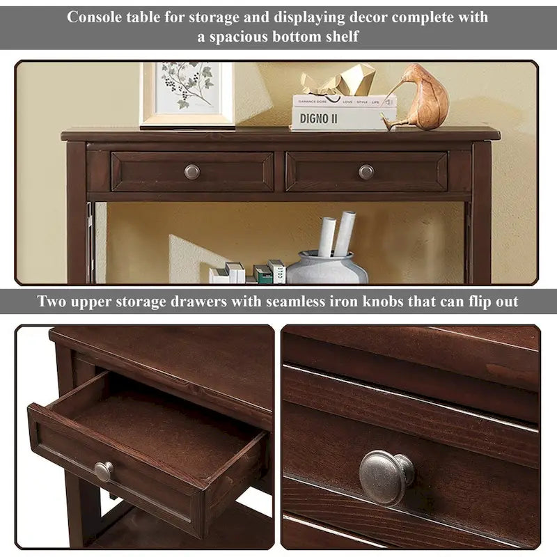 Console rustique en pin avec 4 tiroirs et étagère ouverte, blanc antique