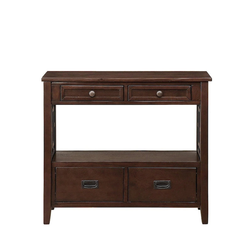 Console rustique en pin avec 4 tiroirs et étagère ouverte, blanc antique