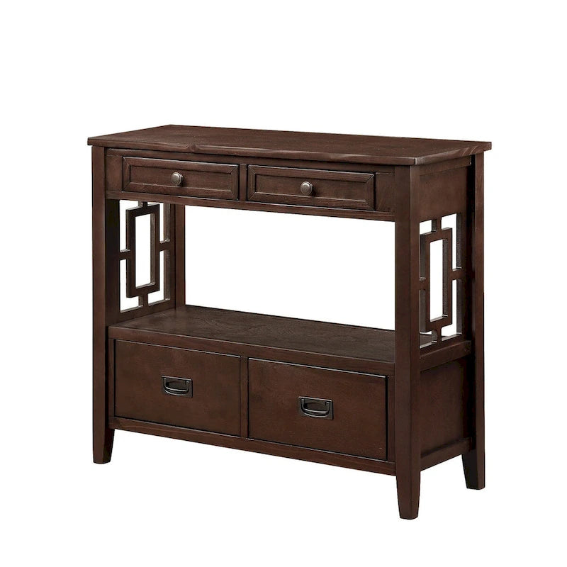 Console rustique en pin avec 4 tiroirs et étagère ouverte, blanc antique
