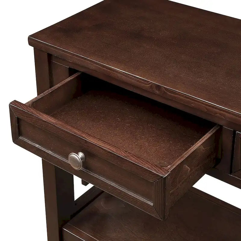 Console rustique en pin avec 4 tiroirs et étagère ouverte, blanc antique
