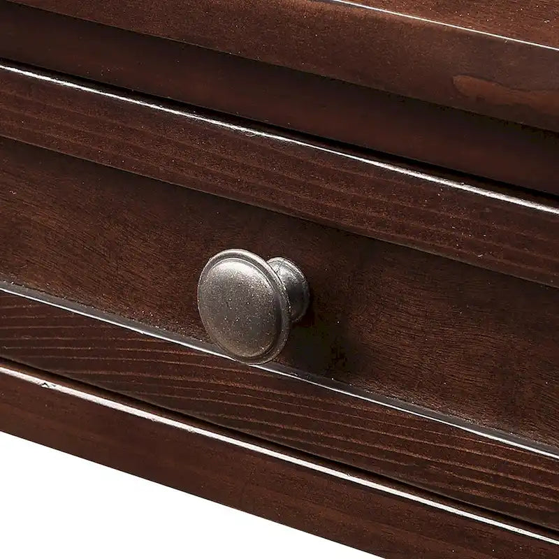 Console rustique en pin avec 4 tiroirs et étagère ouverte, blanc antique