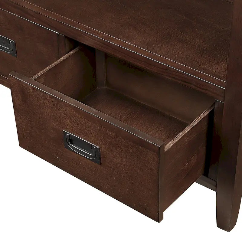 Console rustique en pin avec 4 tiroirs et étagère ouverte, blanc antique