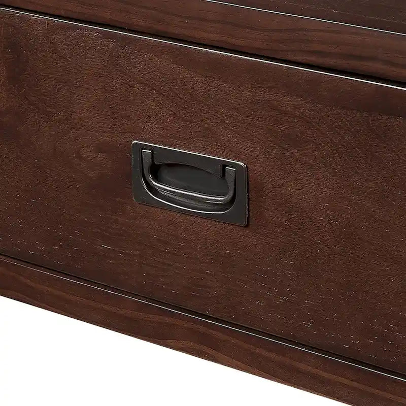 Console rustique en pin avec 4 tiroirs et étagère ouverte, blanc antique