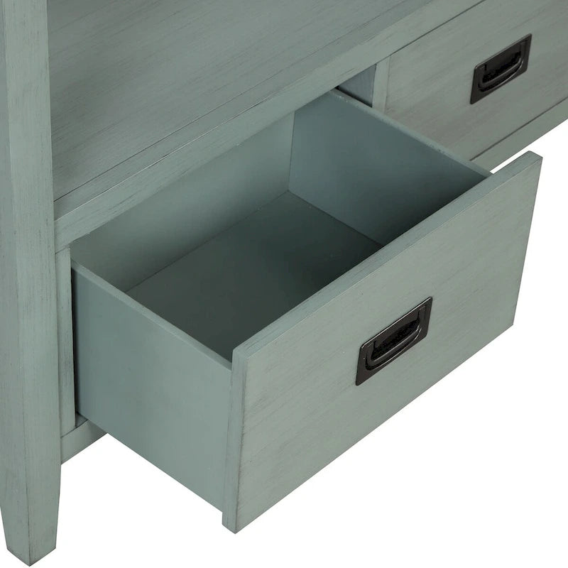 Console rustique en pin avec 4 tiroirs et étagère ouverte, blanc antique