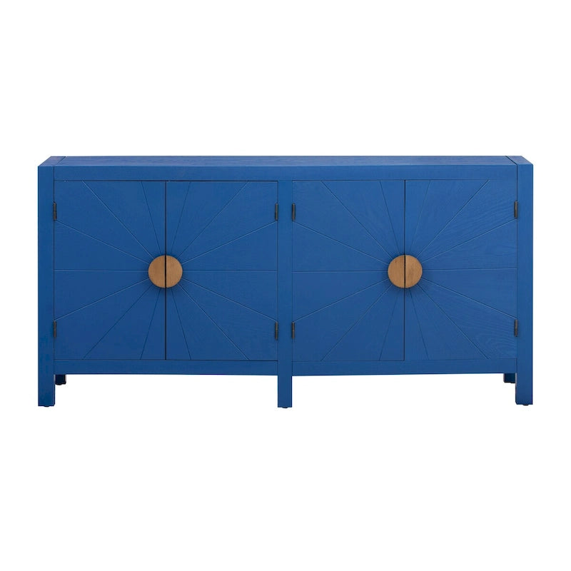 Buffet quatre portes avec motif de lignes rayonnantes et poignées dorées