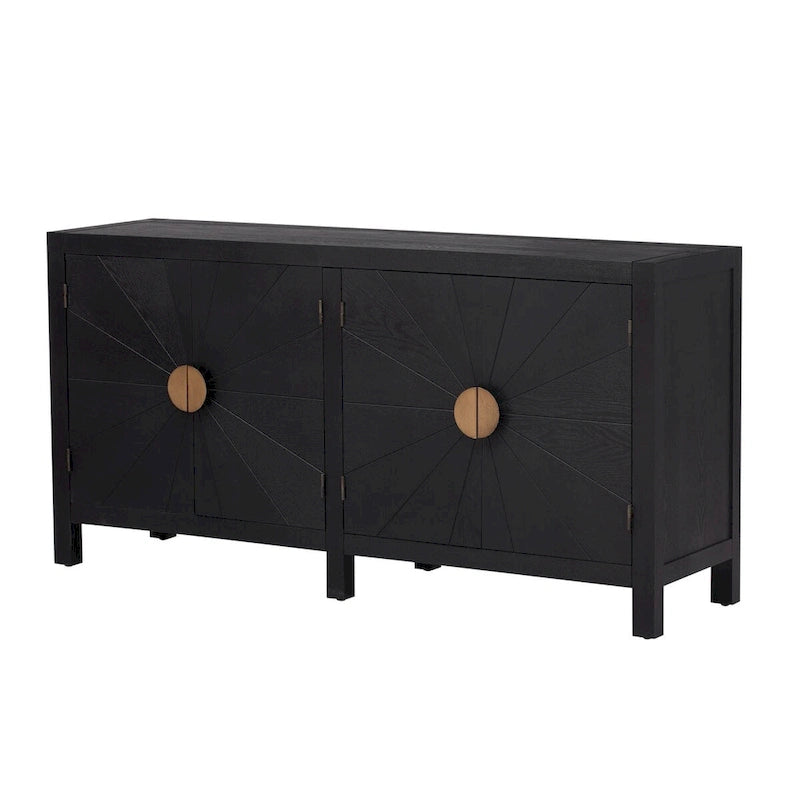 Buffet quatre portes avec motif de lignes rayonnantes et poignées dorées