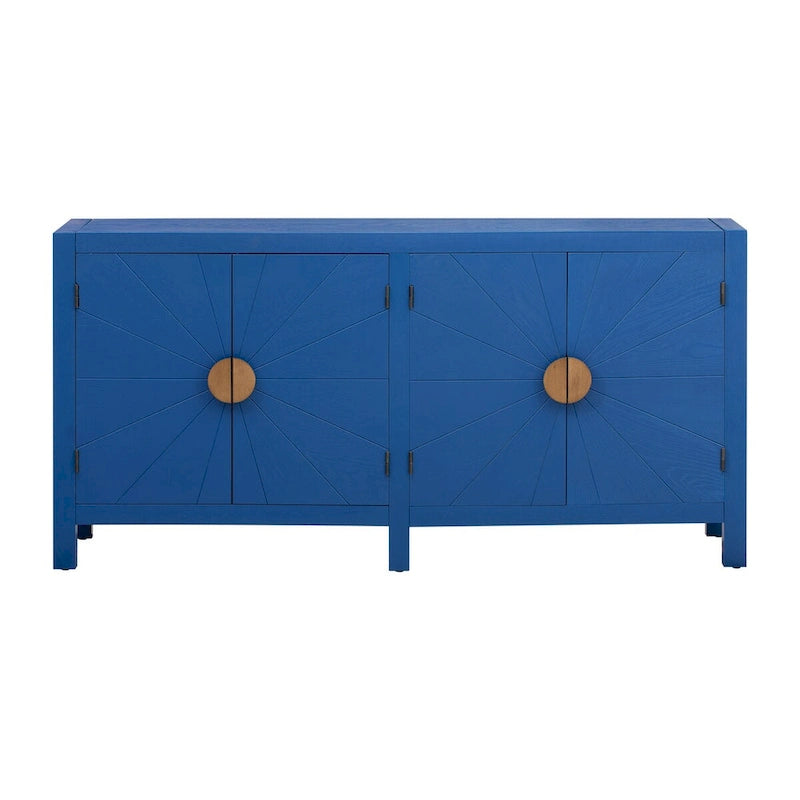 Buffet quatre portes avec motif de lignes rayonnantes et poignées dorées