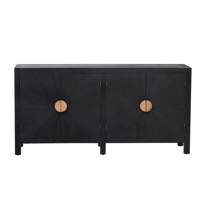 Buffet quatre portes avec motif de lignes rayonnantes et poignées dorées