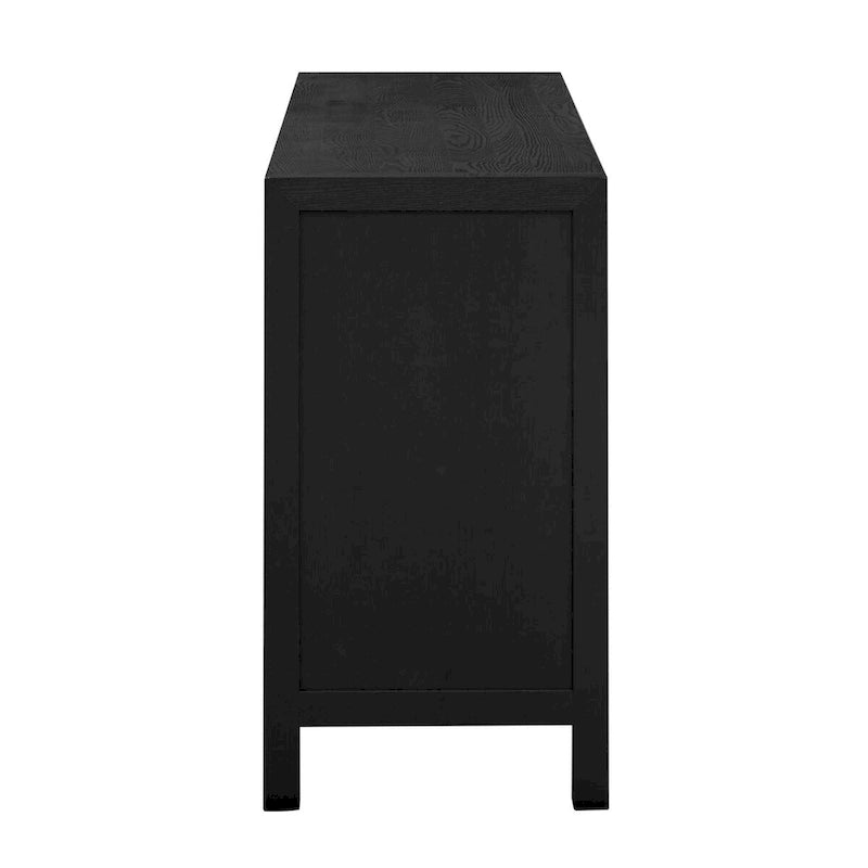 Buffet quatre portes avec motif de lignes rayonnantes et poignées dorées