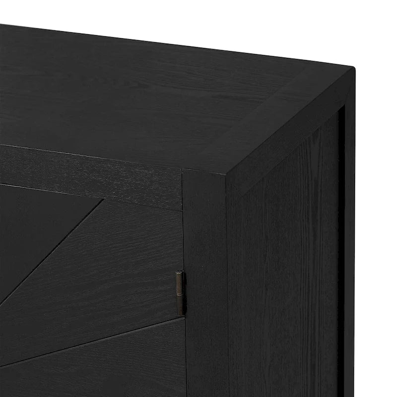 Buffet quatre portes avec motif de lignes rayonnantes et poignées dorées