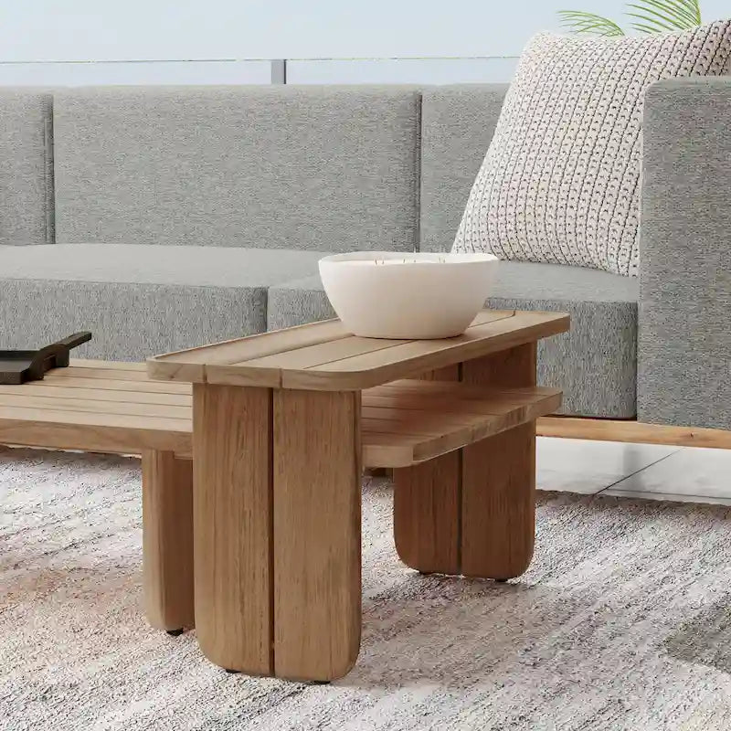 Table basse d'extérieur en teck naturel, larges lattes, finition mate