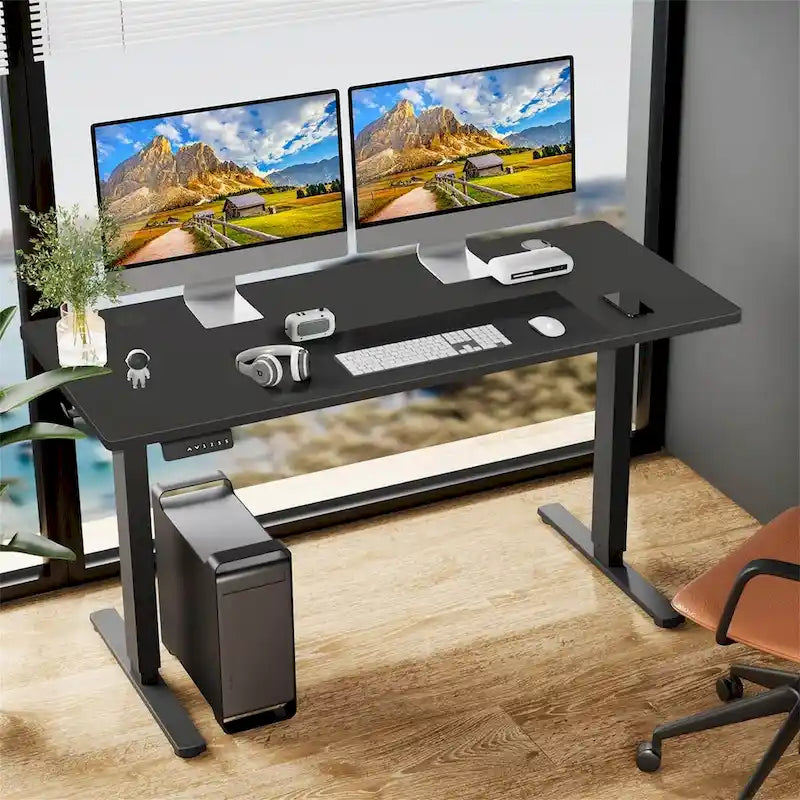 Bureau réglable en hauteur électrique avec plateau en bois noir et préréglages de mémoire