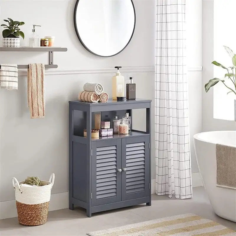 Meuble de rangement au sol indépendant avec étagère ouverte et double porte persiennée