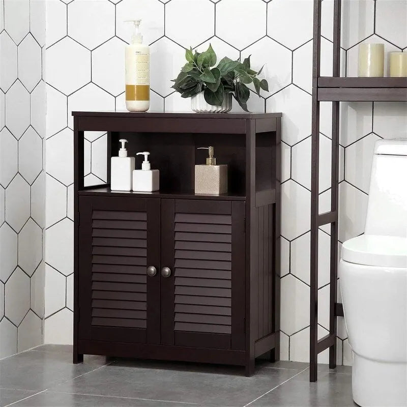 Meuble de rangement au sol indépendant avec étagère ouverte et double porte persiennée
