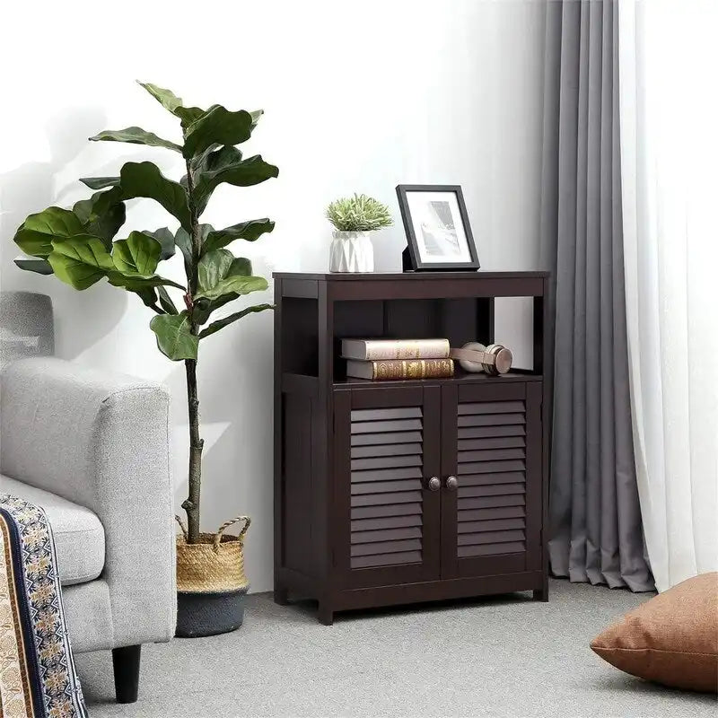 Meuble de rangement au sol indépendant avec étagère ouverte et double porte persiennée