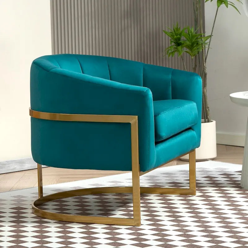 Fauteuil crapaud en velours avec piètement en métal doré