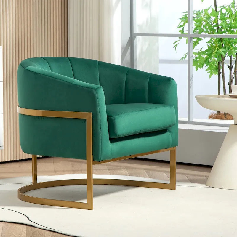 Fauteuil crapaud en velours avec piètement en métal doré