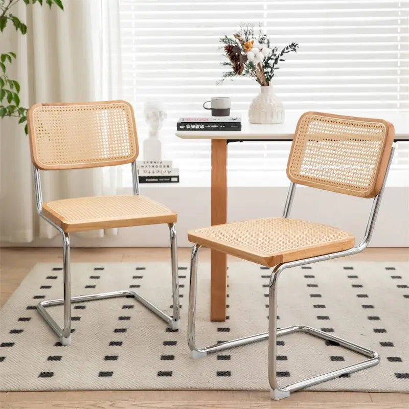 Chaise de salle à manger en rotin de style Mid-Century Modern avec piètement cantilever chromé, beige naturel