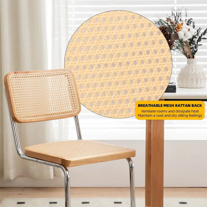 Chaise de salle à manger en rotin de style Mid-Century Modern avec piètement cantilever chromé, beige naturel