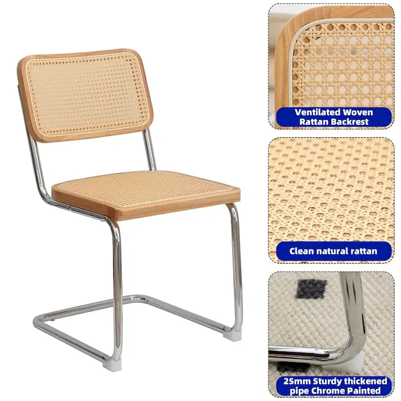 Chaise de salle à manger en rotin de style Mid-Century Modern avec piètement cantilever chromé, beige naturel