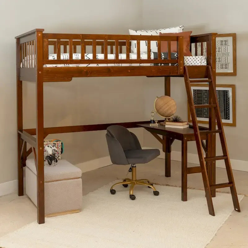 Lit mezzanine double en bois avec bureau intégré, finition noir expresso
