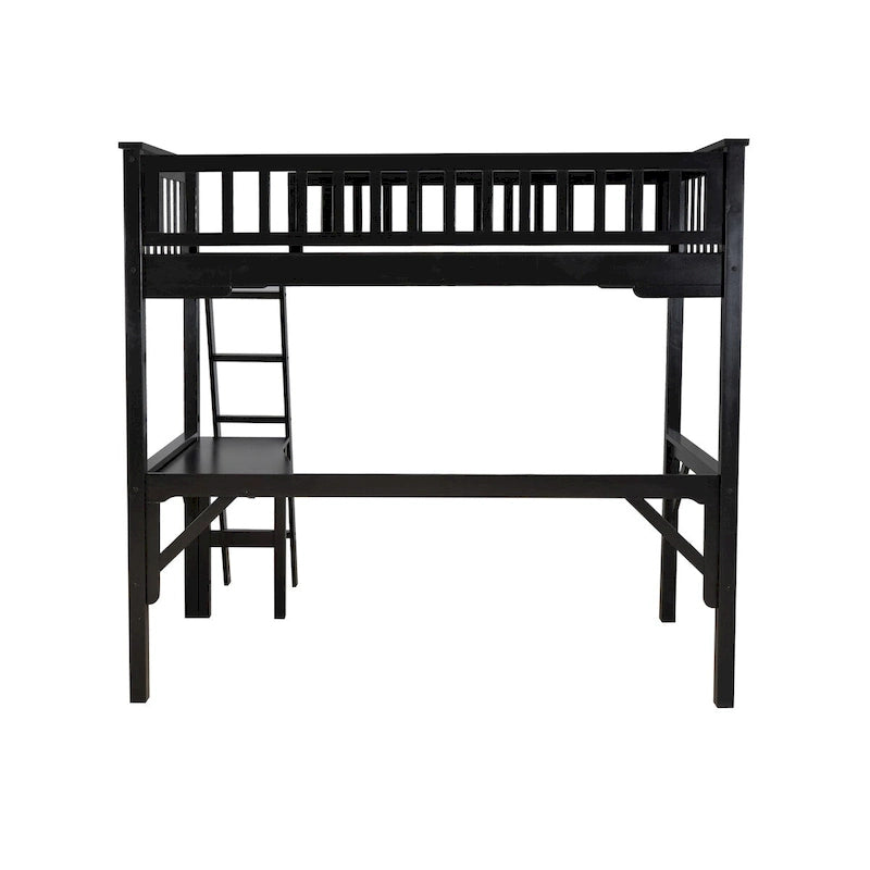 Lit mezzanine double en bois avec bureau intégré, finition noir expresso