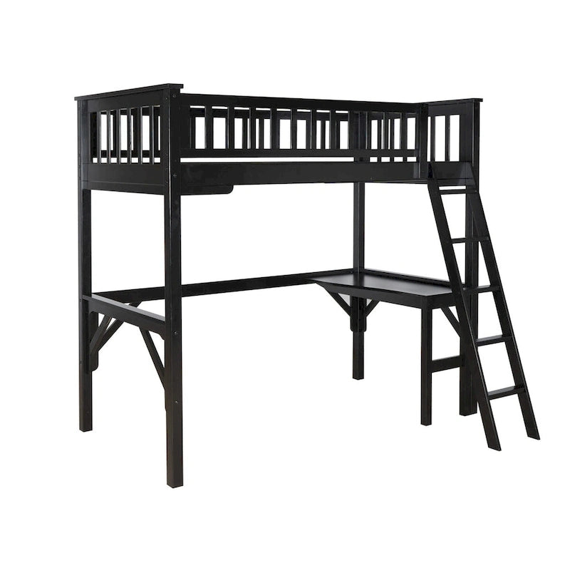 Lit mezzanine double en bois avec bureau intégré, finition noir expresso