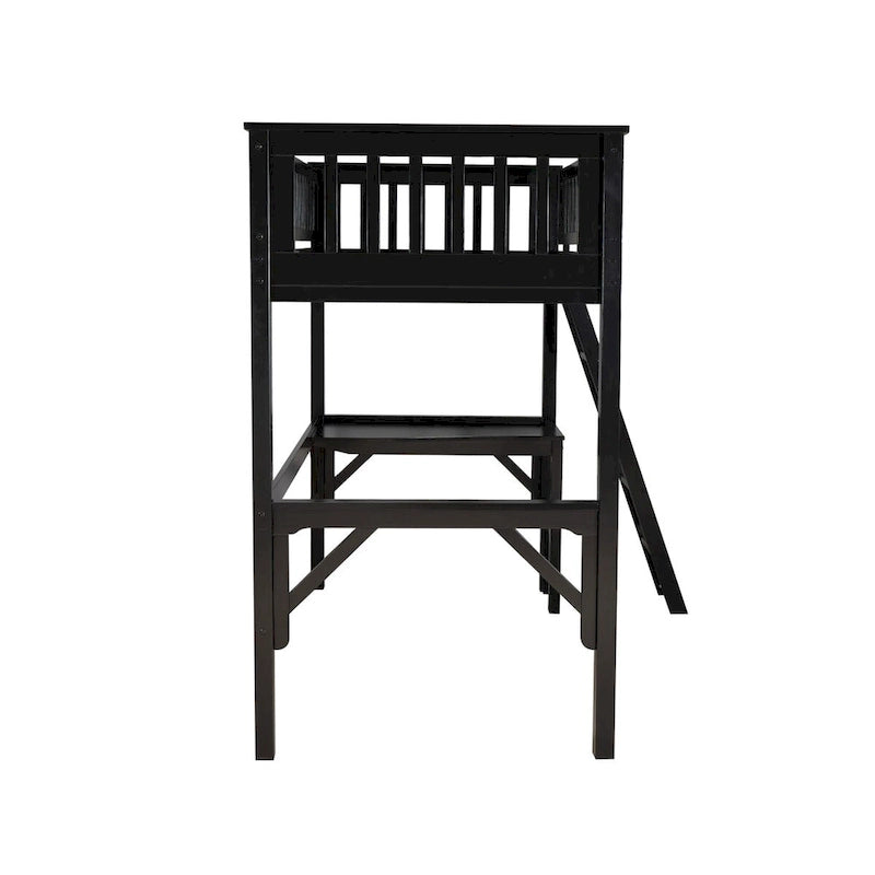 Lit mezzanine double en bois avec bureau intégré, finition noir expresso