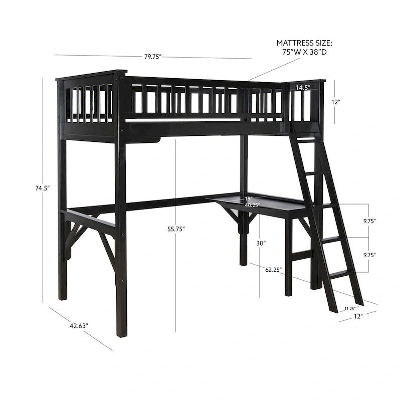 Lit mezzanine double en bois avec bureau intégré, finition noir expresso